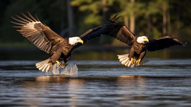 над водой летят два белоголовых орлана