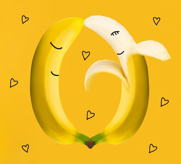 Two bananas husband and wife couple love on with hearts background