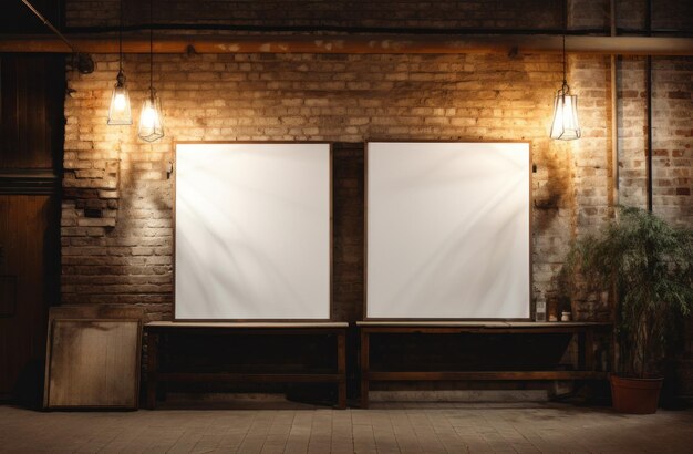 two banner stands in a room in the background