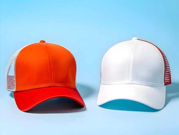 Two baseball caps mockup placed side by side on a blue background high resolution