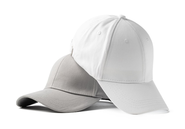 Two basic baseball caps positioned side by side on a white background