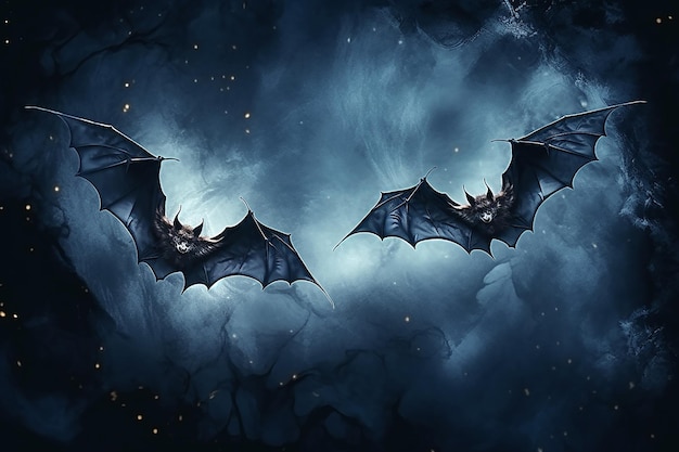 Two Bats animal in flight on a mystical blue night background