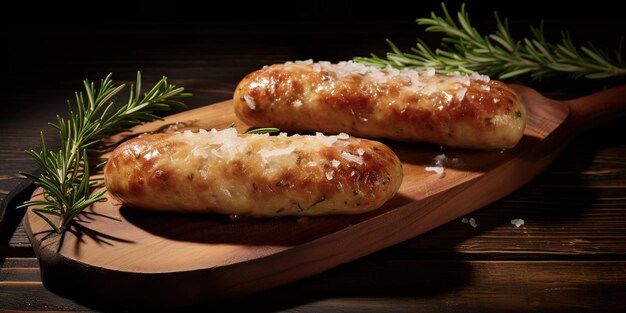 Two Bavarian white sausages on a wooden board