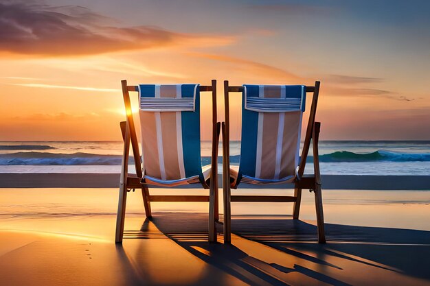 Два шезлонга на пляже с заходящим за ними солнцем