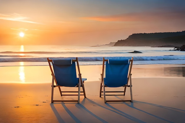 Two beach chairs on a beach with the sun setting behind them