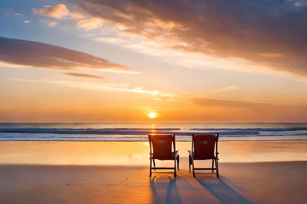 Two beach chairs on a beach with the sun setting behind them
