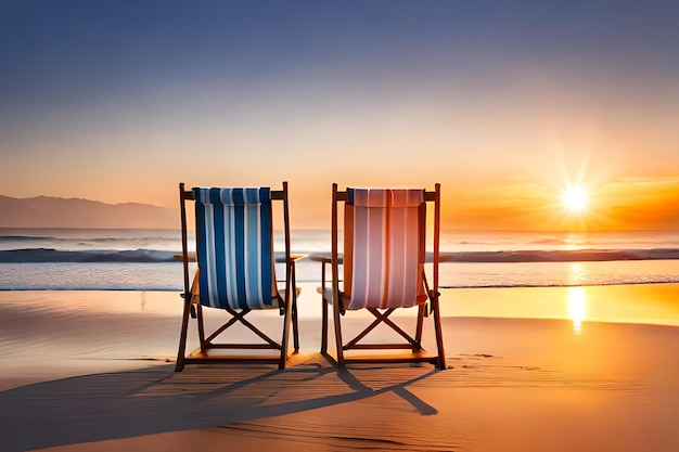 Two beach chairs on a beach with the sun setting behind them