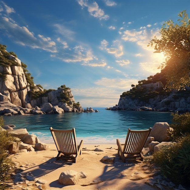 two beach chairs sit on the sand and the sun is setting.