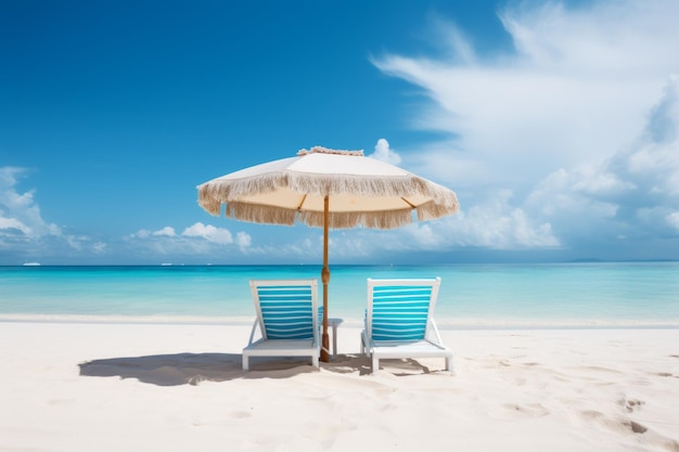 배경 에 색 바다 와 함께  모래 해변 에  가루 우산 아래 두 개의 해변 의자