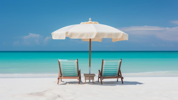 Foto due sedie da spiaggia e un ombrello su una bella spiaggia di sabbia bianca di fronte all'oceano in una giornata di sole