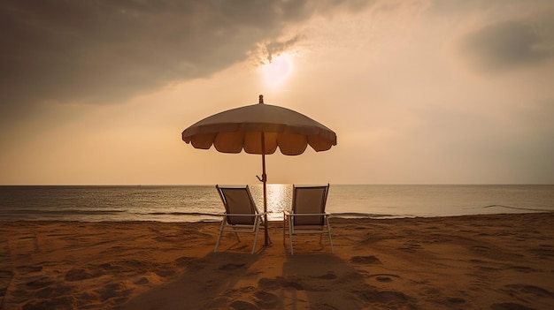 Two beach chairs under an umbrella on a cloudy day