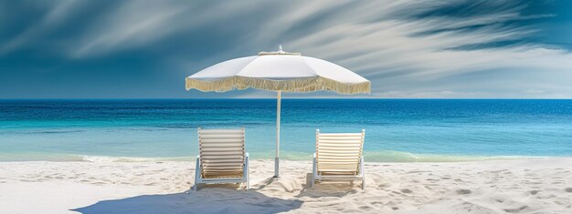 Photo two beach chairs under an umbrella on a cloudy day.