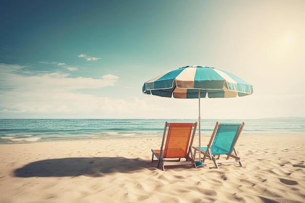 Two beach chairs and an umbrella on a sandy beach with calm ocean waves in the background Generative AI