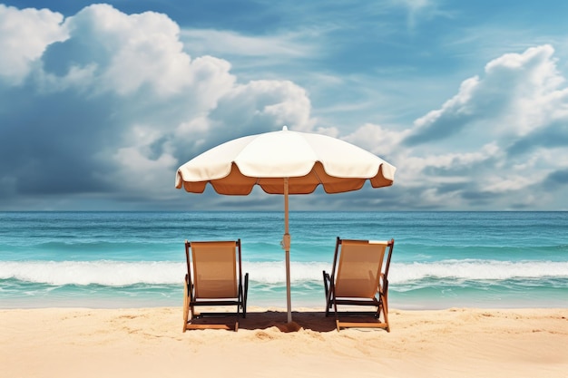 Two beach chairs and umbrella on a tropical beach 3d rendering Chairs And Umbrella In Tropical Beach Seascape Banner AI Generated