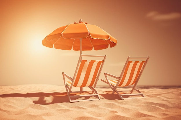 Two beach chairs with parasol on lush sunny orange summer background 3D Rendering 3D Illustration