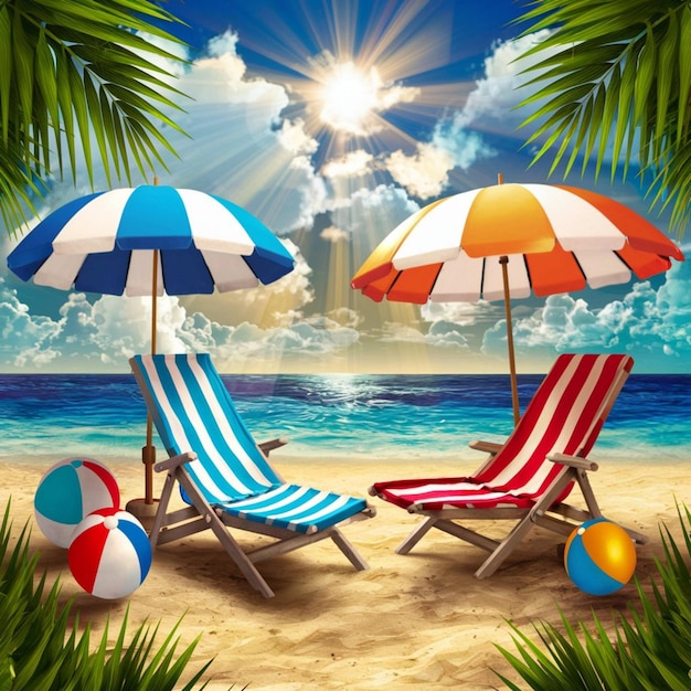 two beach chairs with a sun shining through the clouds and a beach umbrella