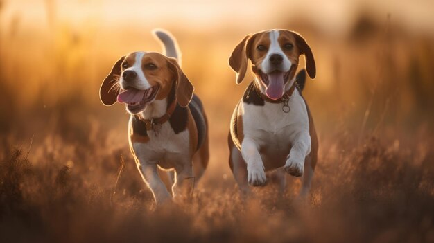 Two beagle dogs frolicking in a grassy field during day sunny Generative AI AIG18