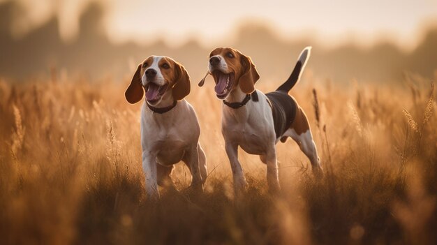 Two beagle dogs frolicking in a grassy field during day sunny Generative AI AIG18