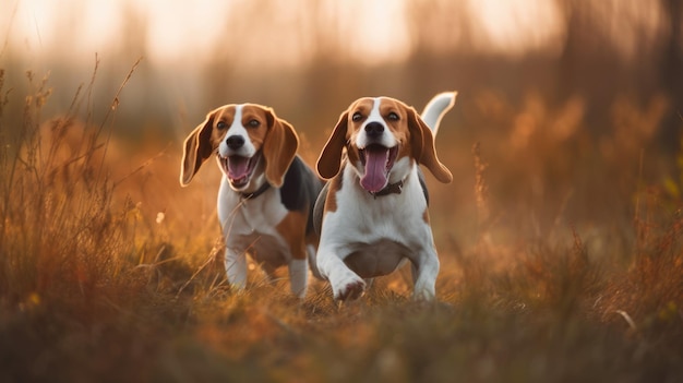 Two beagle dogs frolicking in a grassy field during day sunny Generative AI AIG18