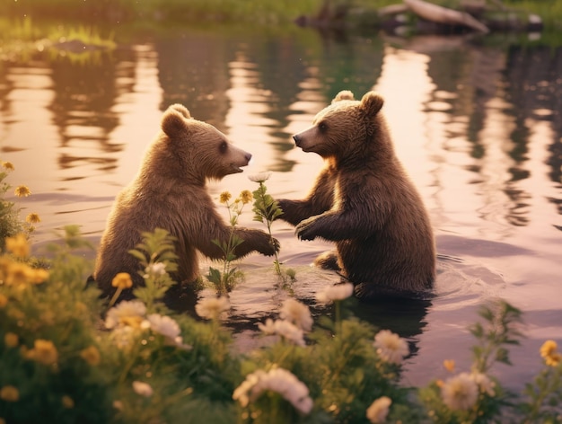 Two bear cubs play together in a meadow with flowers and a lake