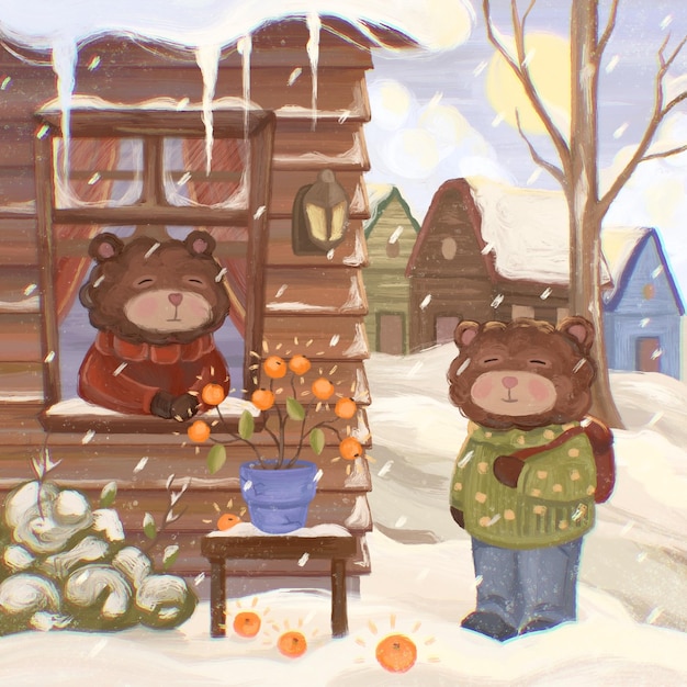two bears look at a tangerine tree growing in a pot cartoon illustration