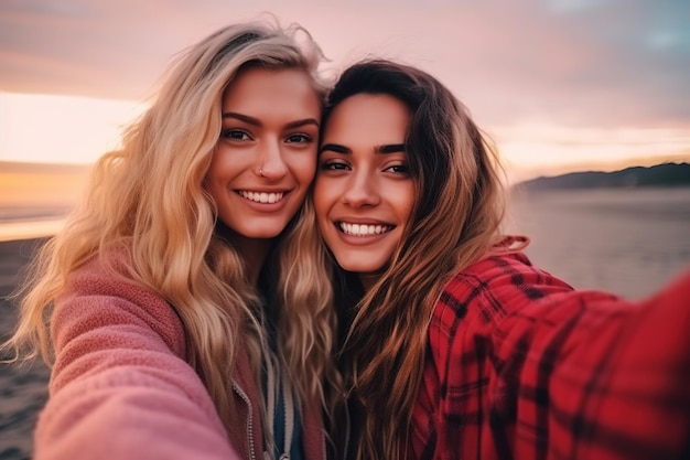 Две красивые очаровательные молодые женщины делают селфи на берегу моря ЛГБТК-пара или лучшие друзья