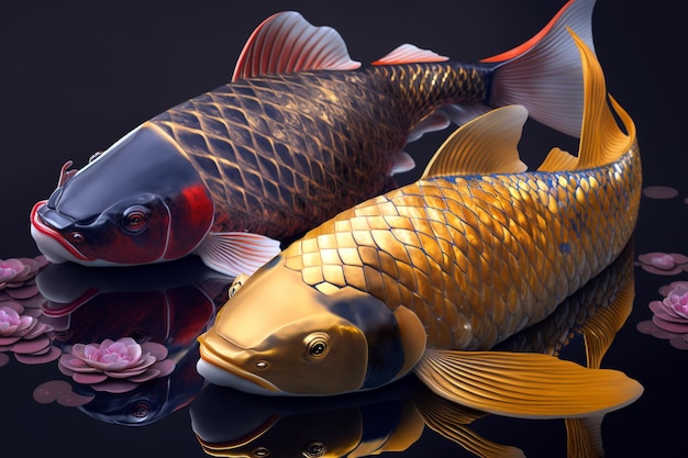 Two beautiful arowana in traditional Chinese style on black background Generative ai illustration