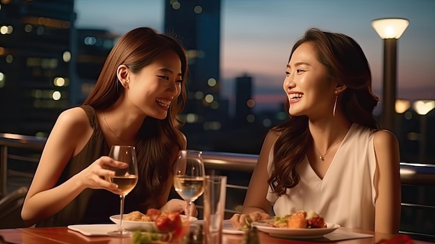 Two beautiful Asian woman friends are meeting and having a dinner party