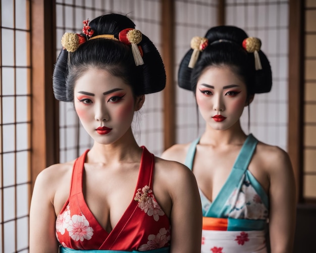 Two beautiful asian women in geisha costumes