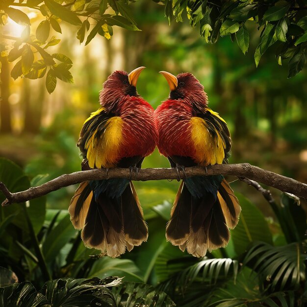 Photo two beautiful birds are sitting on a tree branch