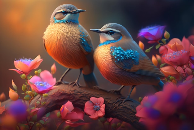 Two beautiful birds above the flowers generative AI