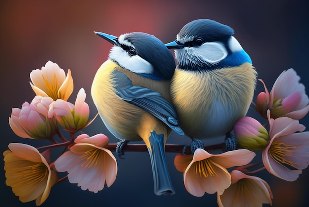 Two beautiful birds above the flowers generative AI