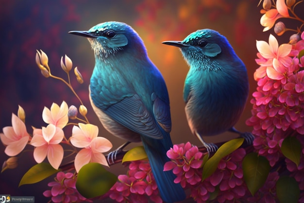 花の上の 2 羽の美しい鳥の生成 AI