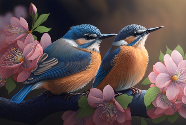 Two beautiful birds above the flowers generative AI