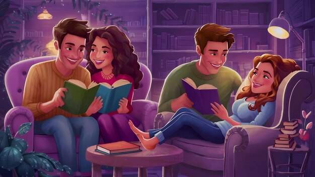 Two beautiful couples read books and spend time together