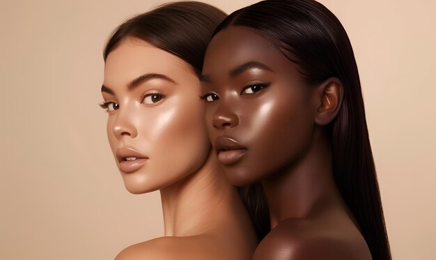 Photo two beautiful diverse multiethnic women with natural beauty and glowing smooth skin