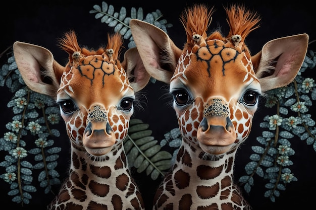 Two beautiful giraffes in the tropical jungle Generative AI