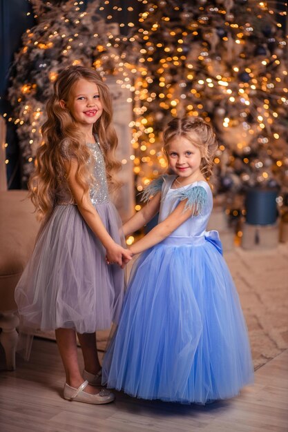 Two beautiful girls in elegant dresses ah-ah at home in the interior against the background of a Christmas tree in lights