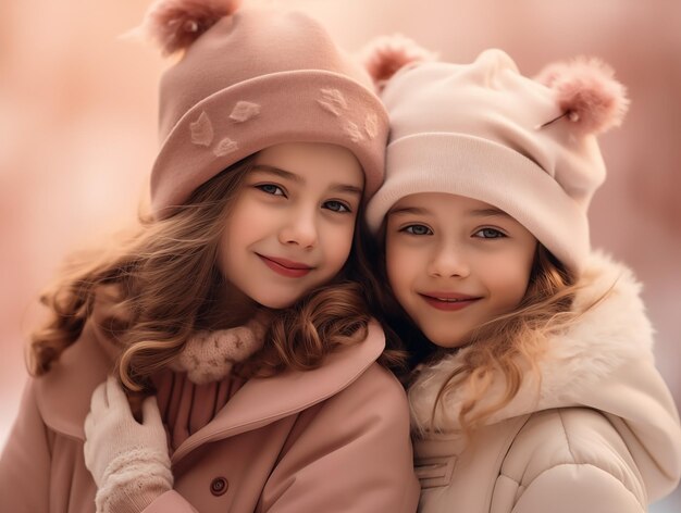 Two beautiful girls smiling in pastel colors on a pink blurred background