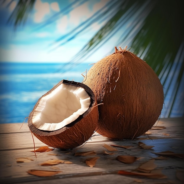 Two beautiful halves of cracked brown natural coconut white sandy beach with leaf and turquoise sea background Generative AI