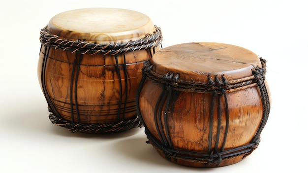 Photo two beautiful handmade wooden drums with natural skin drumheads sit side by side on a solid white background