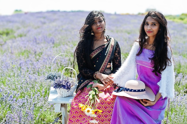 Due belle ragazze indiane indossano abiti tradizionali indiani saree in un campo di lavanda viola