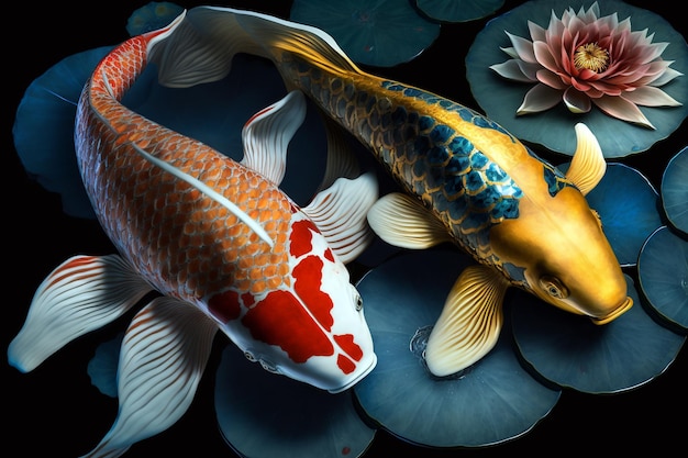 Two beautiful koi swimming in traditional Chinese style