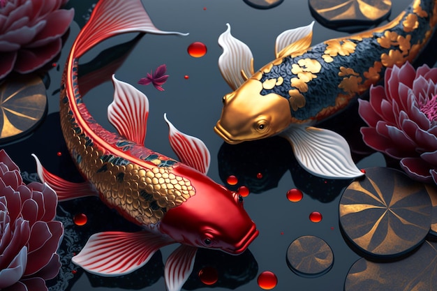 Two beautiful koi swimming in traditional Chinese style