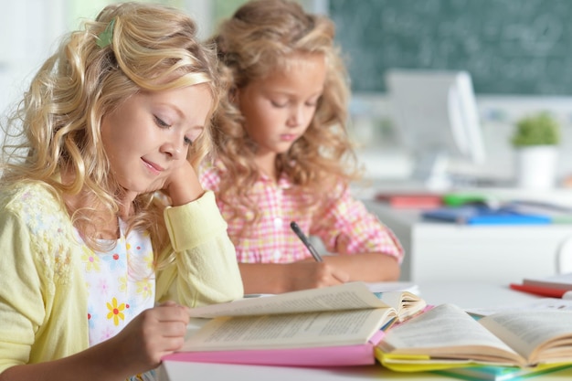 Two beautiful little girls at class read book and writing at not