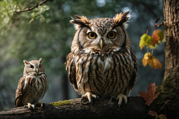 Photo two beautiful the longeared owls asio otus on a branch in the forest of noord brabant in the neth