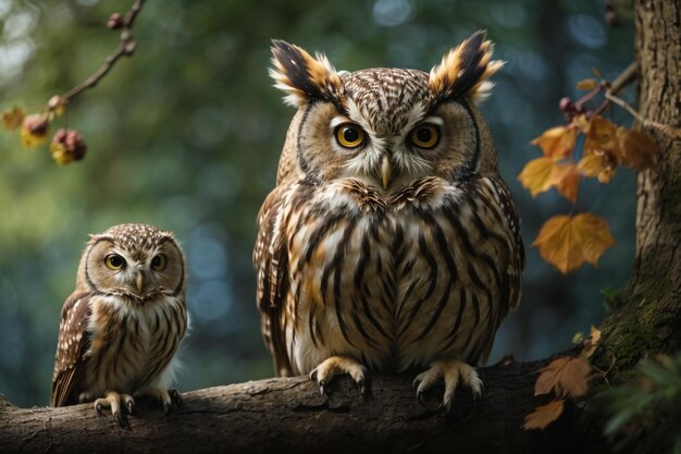 Photo two beautiful the longeared owls asio otus on a branch in the forest of noord brabant in the neth