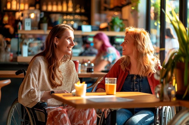 Two beautiful lovable disabled female friends in a wheelchair make wearing summer clothes