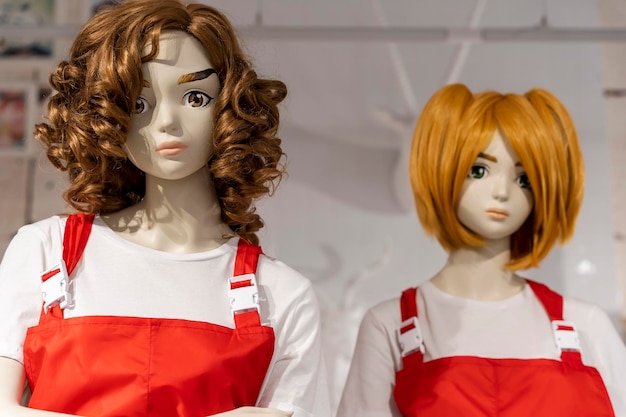 옷가게에서 판매자의 앞치마를 입은 두 명의 아름다운 마네킹 소녀