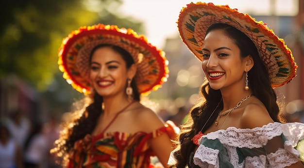 伝統的なメキシコの帽子とドレスを着て微笑んでいる2人の美しいメキシコ人女性